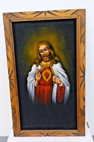 Vtg Painting Sacred Heart Of Jesus On Black Velvet Carved Wooden Frame Mexico