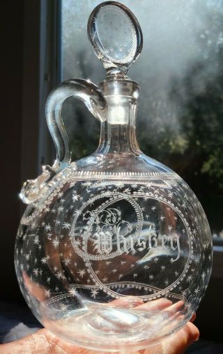 Antique 1800s Etched Whiskey Liquor Glass Decanter Bottle 19th C Star Pattern