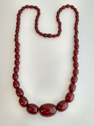 Antique Art Deco Cherry Amber Bakelite Oval Bead Necklace Faturan 27 " Long