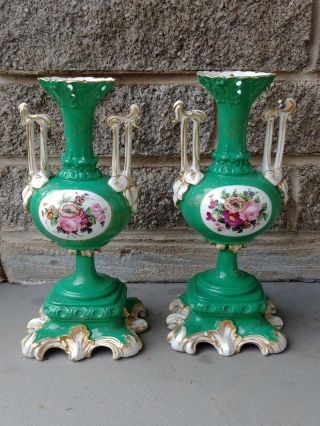 Pair 12 " Antique 19th Century French Handled Porcelain Hand Painted Green Vases
