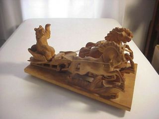 GERMAN BLACK FOREST WOOD CARVING of TROIKA with Carved Bear Driving 3 Horses 2