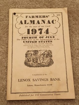 Farmers Almanac 1974 Lenox Savings Bank Vol.  157 Vintage