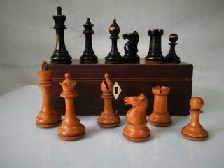 Antique English Chess Set Jaques Pattern Ayres ? K 90 Mm,  Old Box No Board
