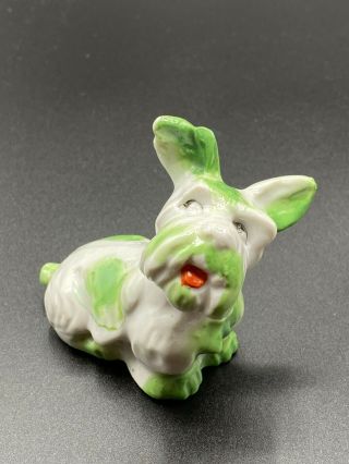 Vintage Scottie Dog Porcelain Figurine Made In Japan Unusual Green And White