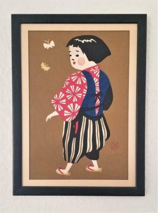 1940s Kiyoshi Saito Child In Aizu Child W Butterflies Woodblock Print