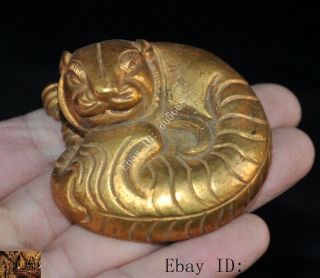 Chinese Dynasty Pure Bronze 24k Gold Gilt Lucky Zodiac Animal Tiger Beast Statue