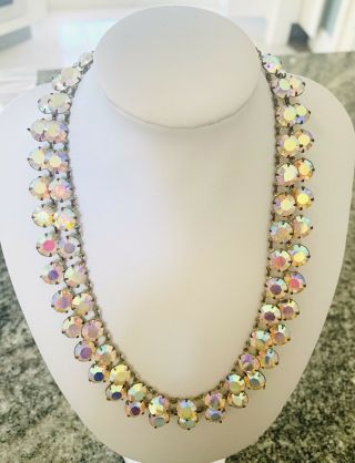 Antique Vintage Aurora Borealis Crystal Gemstone Necklace Filigree Hook Clasp