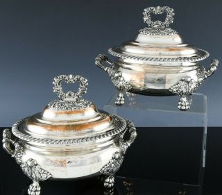 V.  Fine Pair C1800 Georgian Silver Sheffield Plate Paw Footed Sauce Tureen Bowls