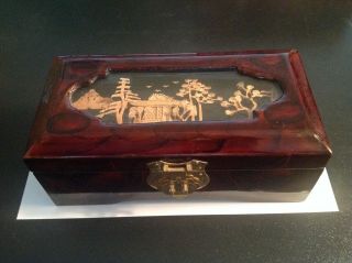 Vintage Oriental Hand Crafted Laquer Wood Jewelry Box W/ Mystery Jewelry Piece