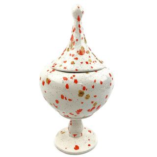 Vtg Mid Century Modern Red Orange Splatter Speckle Ceramic Candy Dish Pedestal