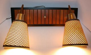 Vintage Mid Century Modern Wall Sconce,  Danish Teak Wood Brass Twin Wall Lights