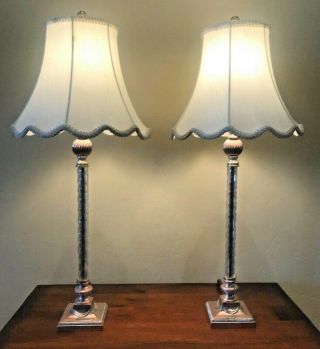 Vintage Fine Pewter And Glass Buffet Table Lamp Pair W/ Shades 24 - Inch