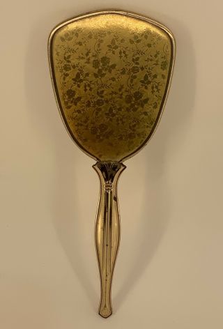 Vintage Hand Held Vanity Mirror Gold Color Beveled Flowers 13”