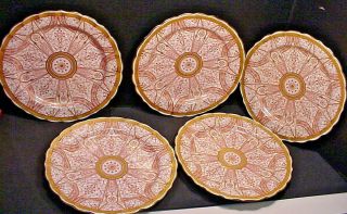 Antique 1887 Royal Worcester Plates Elaborate Red Gilt Gold Pattern Set Of 5