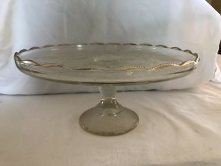 Vintage Glass Pedestal Cake Plate W/ Gold Trim Jeanette Harp Pattern Depression