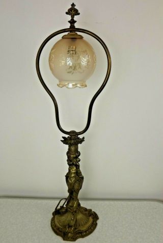 French Bronze Classical 19th Century Table Lamp 3 Cherubs & Glass Shade 2221