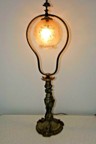 French Bronze Classical 19th Century Table Lamp 3 Cherubs & Glass Shade 2221 2