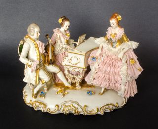 Large Ackermann & Fritz Volkstedt Germany Lace Group Piano Porcelain Figurine