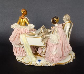 Large Ackermann & Fritz Volkstedt Germany Lace Group Piano Porcelain Figurine 3