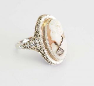 Delicate Antique 14k Gold Woman Profile Carved Cameo And Diamond Ring Sz 6