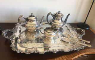 Reed Barton Silverplate 3 - Piece Tea Set/lawrence B Smith Tray/2 Serving Spoons