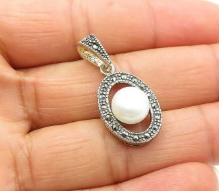 925 Sterling Silver - Vintage Freshwater Pearl & Marcasite Oval Pendant - P9320