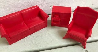 Vintage Marx Dollhouse Miniature Furniture Red Living Room Set (6c)