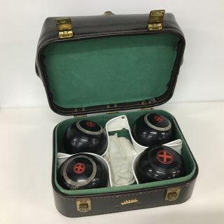 Set Of 4 Lawn Bowls In Vintage Leather Case Dunlop Standard 4 - 7/8 454