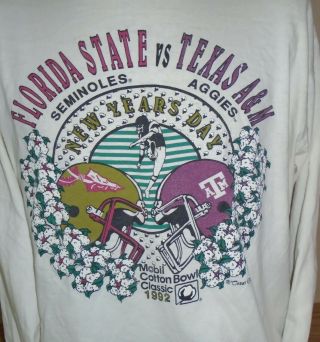 Vintage 1992 Florida State Seminoles Vs Texas A&m Aggies Cotton Bowl T Shirt Xl