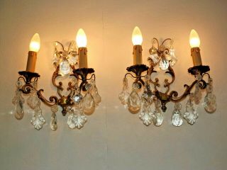 Pair Double Antique French Bronze Open Back Crystal Wall Sconces 2172