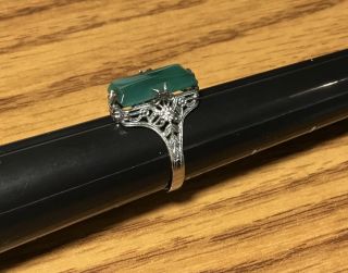 Vintage Sterling Silver Art Deco Ring With Rectangular Green Stone Size - 7 1/4