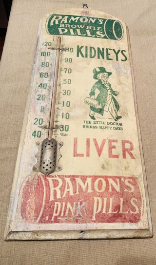 Ramon’s Brownie Pills & Pink Pills Antique Advertising Thermometer Sign