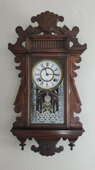 Running Antique Oak Ansonia Gingerbread Mechanical Wall Clock