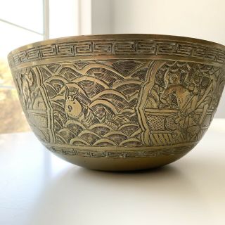 Large Antique Asian Chinese Brass Bowl Sword Fight,  Catfish Story Depictions
