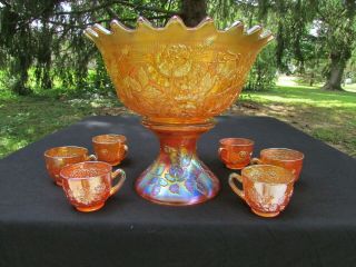 Fenton Wreath Of Roses Antique Carnival Glass Complete 8 Pc.  Punch Set Marigold