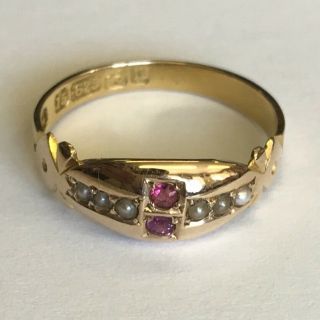 Lovely Antique Solid 15ct Rose Gold Seed Pearl & Ruby Dress Ring Size M 1894