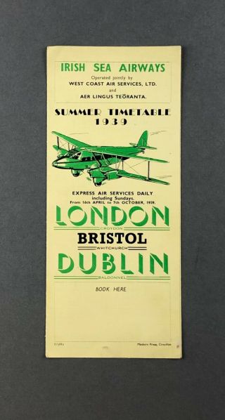 Irish Sea Airways Airline Timetable Summer 1939 Aer Lingus Teoranta West Coast