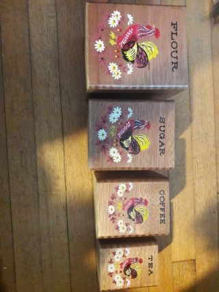 Four Vintage Hand Painted Wood Canister Set Roosters Japan
