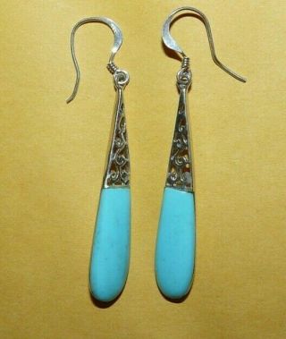 Vintage Southwestern Sterling Silver " 925 " W/ Turquoise Ornate Dangle Earrings
