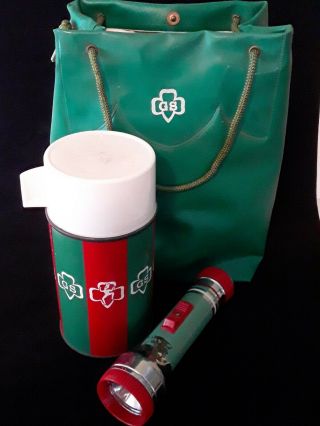 Vintage Official Girl Scout Thermos,  Flashlight And Lunch Bag