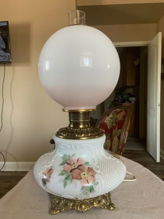 Vintage Handpainted Milk Glass Gone With The Wind Hurricane Lamp Extra - Large