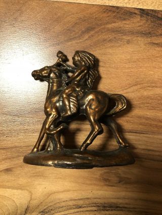 Vintage Brass Copper Native American Warrior Chief And Horse Statue 3”