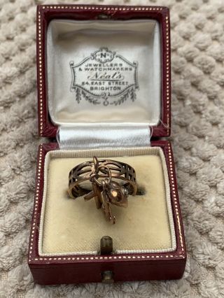 Antique Victorian 9ct Gold Ring With Hanging Faith,  Hope & Charity Charms