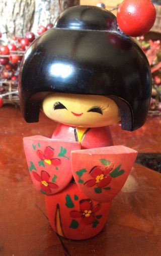 Vintage Japanese Kokeshi Wooden Doll Figurine Hand Painted Red Floral Girl 5 "