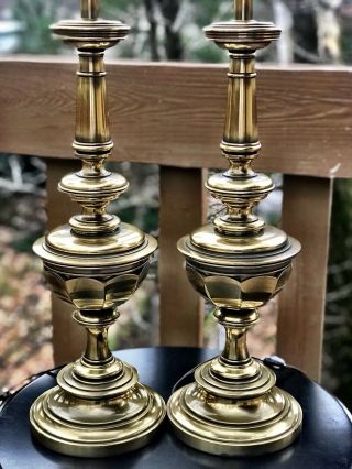 Mid Century Stiffel Heavy Huge Brass Lamps With Silk Shades
