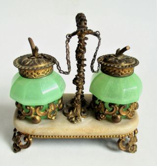 Antique French Green Opaline Figural Double Inkwell Inkstand Gilt Ormolu Marble