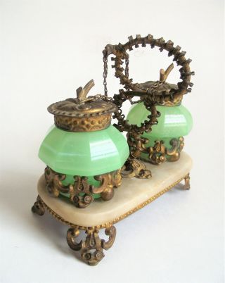 Antique FRENCH Green OPALINE Figural DOUBLE INKWELL INKSTAND Gilt ORMOLU Marble 2