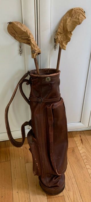 Rare Antique Abercrombie And Fitch Leather Stove Pipe Golf Bag W 2 Head - Covers