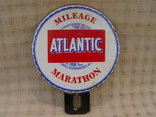 Vintage Atlantic Gasoline Mileage Marathon 2 - Pc Porcelain License Plate Topper