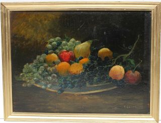 Antique 19 C.  Oil Painting On Wood Panel,  Still Life,  Fruits,  Signed